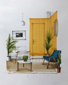 a painting of a living room with chairs, plants and a yellow curtain over the door