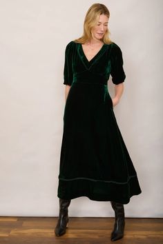 Valerie Silk Velvet Dress - Forest Green – WYSE London Silk Velvet Dress, Velvet High Heels, Faux Fur Gilet, Deep Forest Green, Velour Dress, Forest Green Color, Velvet Midi Dress, Color Complement, Black Sandals Heels