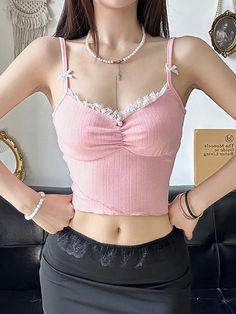 ⚡Buy 2024 Bow Lace Trim Crop Cami Top Pink M under $14.00 in Tops&Tees at AnotherChill.com Online. Style: Casual/Street/Vintage. Fabric Content: Polyester. Fit Type: Slim Fit. Neckline: V Neck. Sleeve Length:  Sleeveless. ✓2024 S/S OUTFITS. Check reviews and buy Bow Lace Trim Crop Cami Top today. Baggy Dresses, Crop Cami Top, 2000s Outfits, Pink M, Cropped Cami, Cami Crop Top, Cutout Dress, Long Blouse, Cami Top