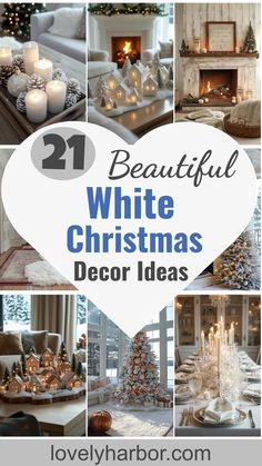 white christmas decor ideas with candles and decorations on the table in front of a fireplace