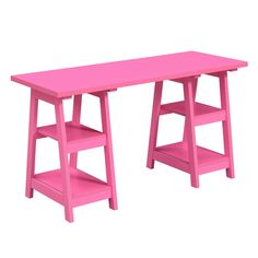 a pink desk sitting on top of a white floor