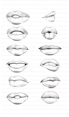 lips drawn in pencil with different shapes and sizes, all lined up to show the same amount