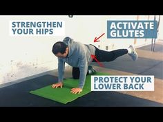 a man doing push ups on a green mat with the words protect your lower back