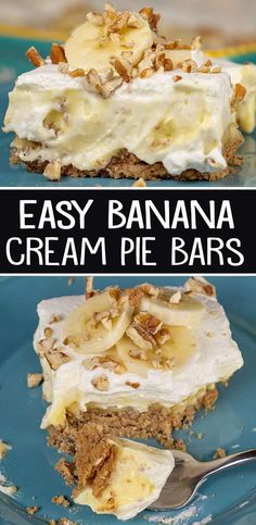 banana cream pie bars on a blue plate with text overlay that reads easy banana cream pie bars