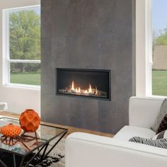 a living room with a fire place and couches in front of a window that looks out onto a grassy field