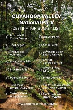 the national park list is shown in front of some trees and rocks with text that reads,