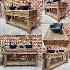 four different views of a wooden table with bowls on it and two sinks in the middle