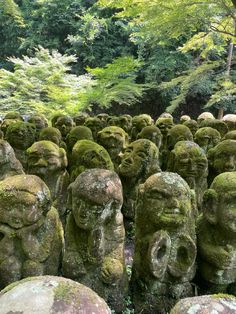 large group of statues in the middle of a forest filled with trees and rocks covered in moss