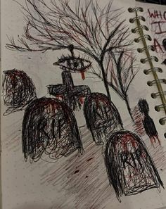 a drawing of two people riding bikes in the rain with trees and blood on them