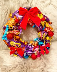 a wreath made out of candy and candies