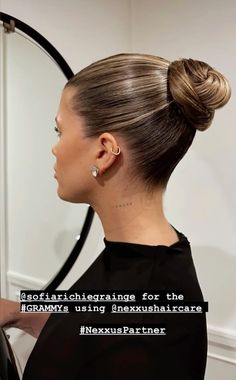 High Sleek Bun Hairstyles, Mid High Bridal Bun, Sofia Richie Slick Back Hair, Bridal Clean Updo, High Slicked Bun, Sleek Evening Hairstyles, Slick Back Bun Wedding Guest, Sleek Back Wedding Hair, Sofia Richie Slick Bun