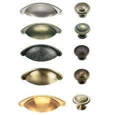 an assortment of door knobs and handles in various colors, sizes and finishes on a white background