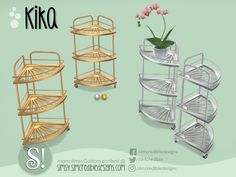 three tiered shelves with flowers in them and the words kika on top of it