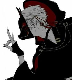 an anime character with white hair and glasses holding his hand up to the side while wearing black