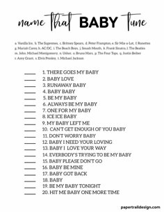 baby shower game with the words name that baby time written in black and white on it