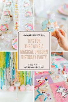 a collage of photos with unicorns and other items on the table for a birthday party