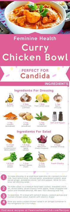 the info sheet shows how to cook curry chicken bowl for candida ingredients and instructions