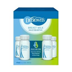 three bottles of dr brown's breast milk in front of a blue and green box