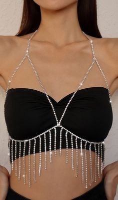 Look fabulously fierce in our Tassel and Diamond Chest Chain! This stunning statement piece sparkles with diamond-toned beads, while the fringe tassels take your look to the next level. Put it on and watch as jaws drop! You'll be the belle of the ball! Decorated Bras, Silver Bra, Chest Chain, Chain Harness, Chain Bra, Y2k Accessories, Body Chains, Diamond Chain, Dress And Heels