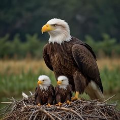 two bald eagles sitting on top of a nest next to another one in the grass