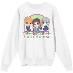 Celebrate your favorite anime characters with this Fruits Basket sweatshirt. The sweatshirt features chibi images of Kyo, Tohru, and Yuki standing in front of a green background while multi-colored letters below the characters spell out the show’s logo. The sweatshirt comes in a white long sleeve crew neck and makes a great gift for Fruits Basket fans. This item uses men's sizing. Fruits Basket Merch, Tohru And Yuki, Fruits Basket Chibi, Kyo Tohru, Pastel Clothes, Basket Anime, Bday List, Chibi Characters, White Long Sleeve Shirt