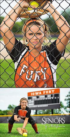 two girls are posing behind a fence with softballs on their head and the girl is holding a ball in her hands