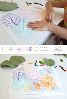 leaf rubbing collage for kids to make with crayons and colored pencils