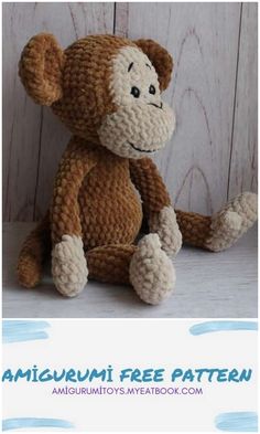 a crocheted monkey sitting on top of a wooden floor with the text amigurum free pattern