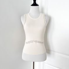 Express Crochet Cutout Knit Tank Top Blouse Brand New With Tags Size Medium Nude Cream Off White Beige Elegant Pointelle Knit Tank Top, Spring Fitted Knit Top With Lace Trim, Crew Neck Knit Top With Crochet Lace, Knit Top With Crochet Lace Crew Neck, Elegant Spring Crochet Top For Layering, Elegant Crochet Top For Spring Layering, Elegant Crochet Top For Layering, Elegant Sleeveless Pointelle Knit Top, Crochet Lace Knit Top With Crew Neck