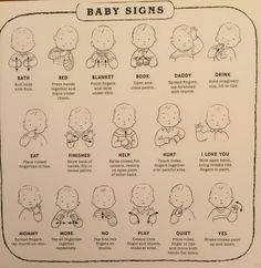 the baby signs are written in black and white with pictures of babies, including their names