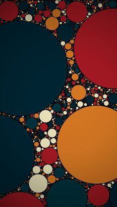 an abstract painting with circles and dots in red, orange, black, and white