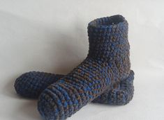 Crochet wool men`s slippers/ mélange blue boots / Size USA 13-14, socks Shose Man, House Socks, Crochet Men, Shoes Socks, Crochet Wool, Comfortable Slippers, Crochet Socks, Knitted Socks, Blue Boots