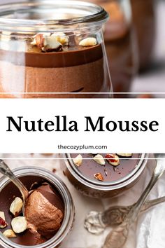 nutella mousse in glass jars with spoons on the side and text overlay