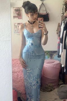 Blue Flower Outfit, Blue Sun Dresses, Cute Sundress Outfits, Sundress Outfit Aesthetic, Blue Coquette Outfit, Light Blue Prom Dress Long, Sundress Aesthetic, Sundress Blue, Prom Dresses Long Blue