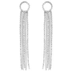 Stunning fringe strands of statement rhinestones are the perfect item to add some bling to your day! Glittering crystals catch the light beautifully, adding major sparkle, making these earrings spectacular!  Hypoallergenic surgical steel post back dangle earrings measure 4 inches in length.  Sparkling crystal rhinestones and bead strands dangle from a circular top in a long chic design. Trendy shoulder duster earrings are lightweight and easy to wear all day and into the night! Stunning, giving Shoulder Duster Earrings, Duster Earrings, Long Fringe, Long Fringes, Steel Post, Silver Drop Earrings, Sparkling Crystal, Bead Strand, Chic Design