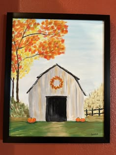 a painting of a barn with pumpkins on the grass