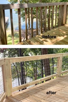 the before and after photos of a deck with railings on both sides, showing how to build it