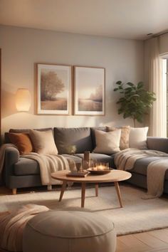 a living room with couches, tables and pictures on the wall above them in front of a window