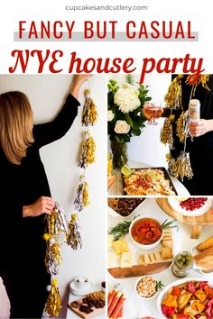 fancy but casual nye house party with lots of food and drinks on the table