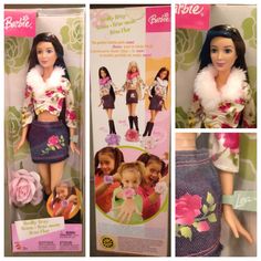 the barbie doll is in its box and has pink flowers on it