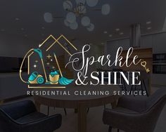 the logo for sparkle and shine residential cleaning services, with chairs around a round table