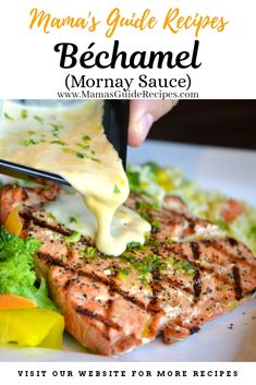 a plate with salmon, broccoli and cheese being drizzled on it