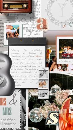 a collage of photos and letters with an analog clock