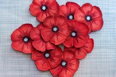 some red flowers are on a blue cloth