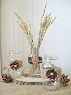 there are three glass jars with flowers in them on the table next to pine cones