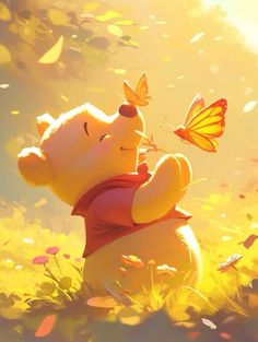 a cartoon winnie the pooh with a butterfly on its nose, sitting in grass