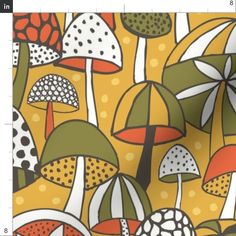 an image of colorful mushrooms and dots on a yellow background with black, white, red, green, orange