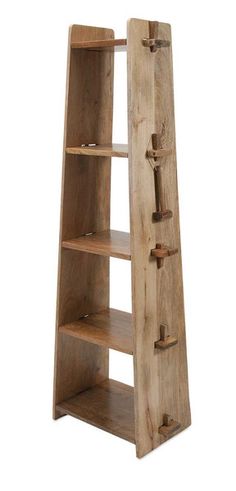 a wooden shelf with three shelves on each side