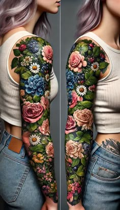 a woman's arm with flowers and leaves on her sleeve, both in different colors