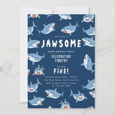 a birthday party card with sharks on it